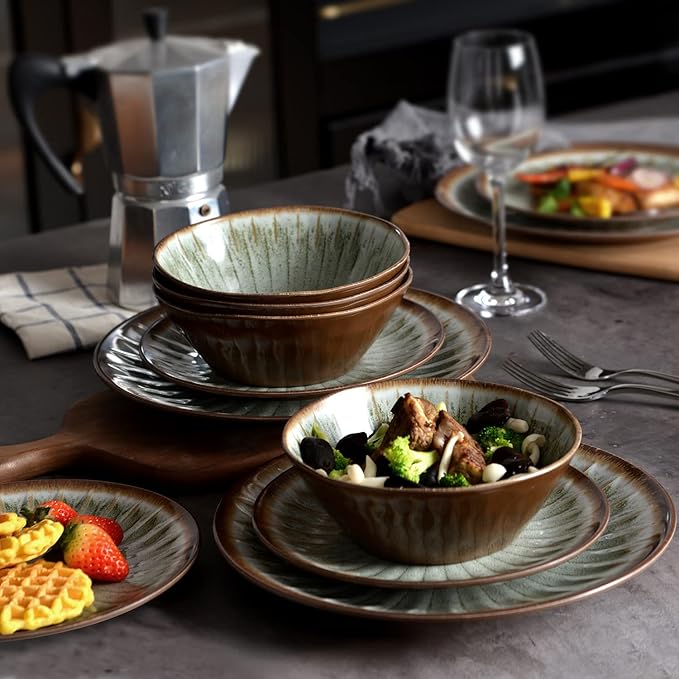 Melamine Dinnerware Sets for 4,12 Pcs Party Plates and Bowls Sets,Outdoor Use Harvest Dinner Dishes Set,Great for RVs Camping,Lightweight Unbreakable,Dishwasher Safe,Sage Green