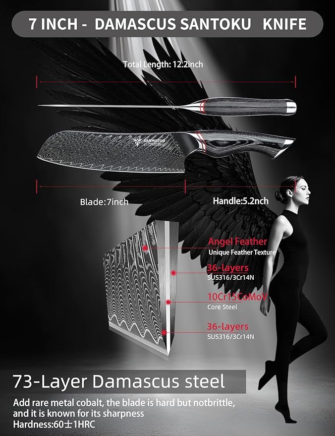 Japanese 7" Santoku Knife - Kitchen Chef Knife - Black Damascus Steel with Ergonomic Handle - MIAO Series