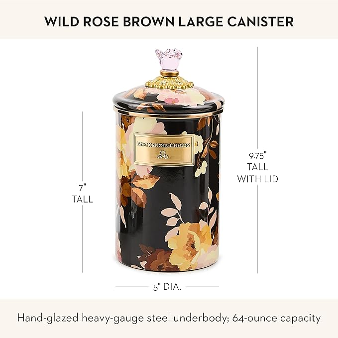 MACKENZIE-CHILDS Enamel Canister, Kitchen Storage Container with Lid, Large, Wild Rose Brown