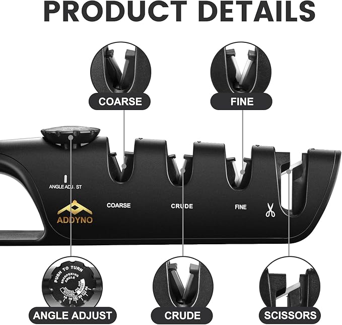 4-in-1 Knife Sharpener with Angle Guide, Adjustable Edge,3-Stage Coarse–Sharpen–Fine + Scissors Slot, Non-Slip Base & Ergonomic Handle for Kitchen Knives