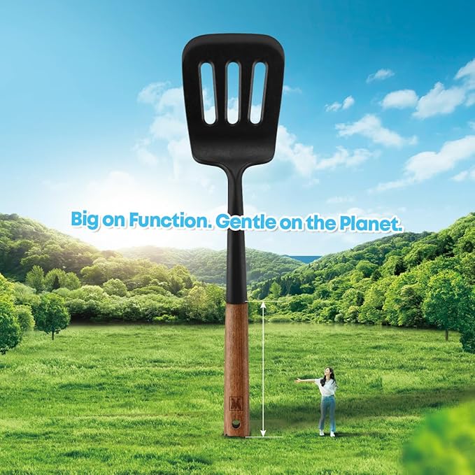 Set of 2pc Silicone Cooking Utensils: Wooden Handle Slotted Spatula + Cooking Skimmer, Heat Resistant Cooking Utensil, BPA Free, Safe Material for All Cooking Surfaces, Non-Slip Grip