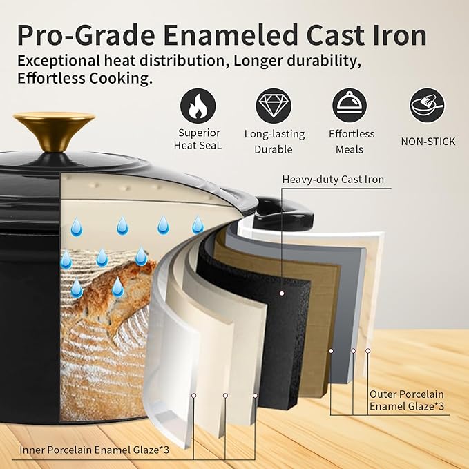 Enamel Cast Iron Dutch Oven with Lid, Round Casserole Pot for Bread Baking, Braising, Roasting, and Stews, Heavy-Duty, Oven Safe, Induction Compatible (4.7QT,Grey)