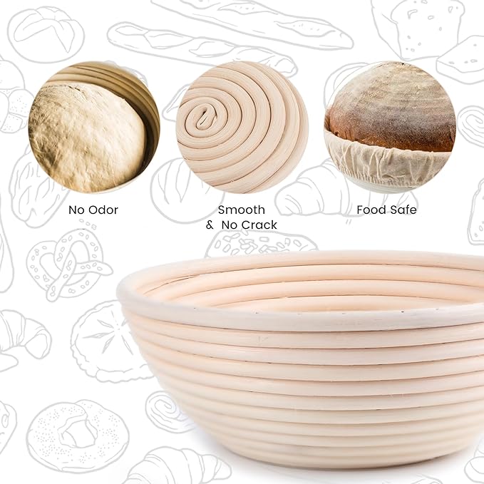 Round Bread Dough Proofing Rising Rattan Baskets(Set of 2, 9 inch) w/Liners for Home Sourdough Bread Bakers