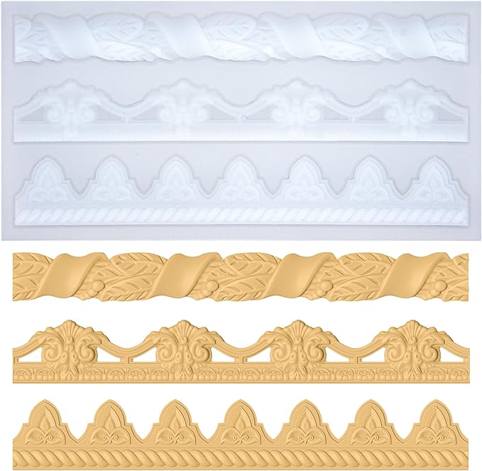 Art Molds for Polyclay Air Dry Clay Plaster Epoxy Resin Fondant Cake Decor 3 Border Trimmings