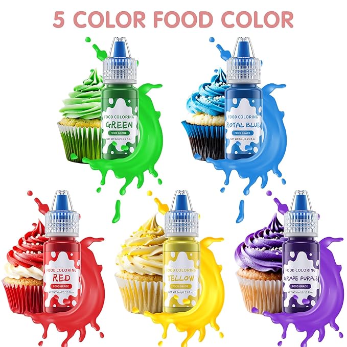 Food Coloring Liquid - 5 Food Grade Vibrant Colors Food Coloring Liquid Set, Food Dye Color for Baking, Icing, Cookie, Cake Decorating, Easter Egg, DIY Making Supplies Kit (0.25 Fl Oz (Pack of 5))
