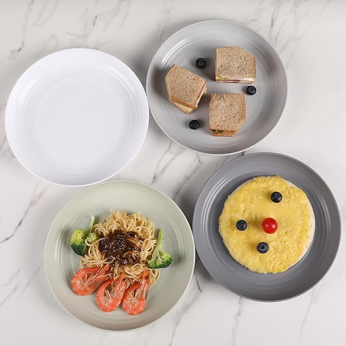 12 Pcs Unbreakable Deep Dinner Plates Set, 10 inch Reusable Plastic Wheat Straw Plates, Microwave and Dishwasher Safe Plate for Kitchen, Lightweight Plate for Dessert, BPA Free, White