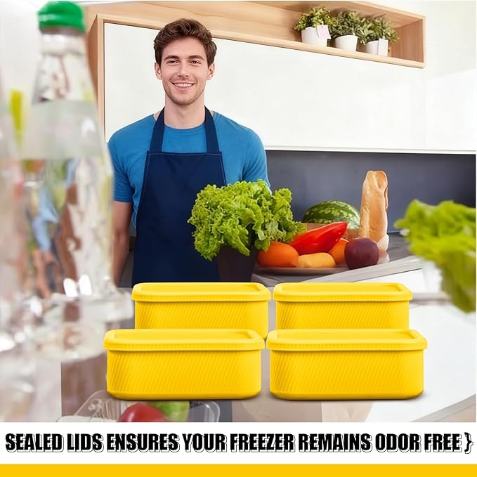 Nuogo 4 Pcs 6 Cup Silicone Freezer Trays with Lid Soup Containers Reusable Freezer Silicone Molds Rectangle Containers Ice Trays for Soups Sauces Stews Curries, Yellow