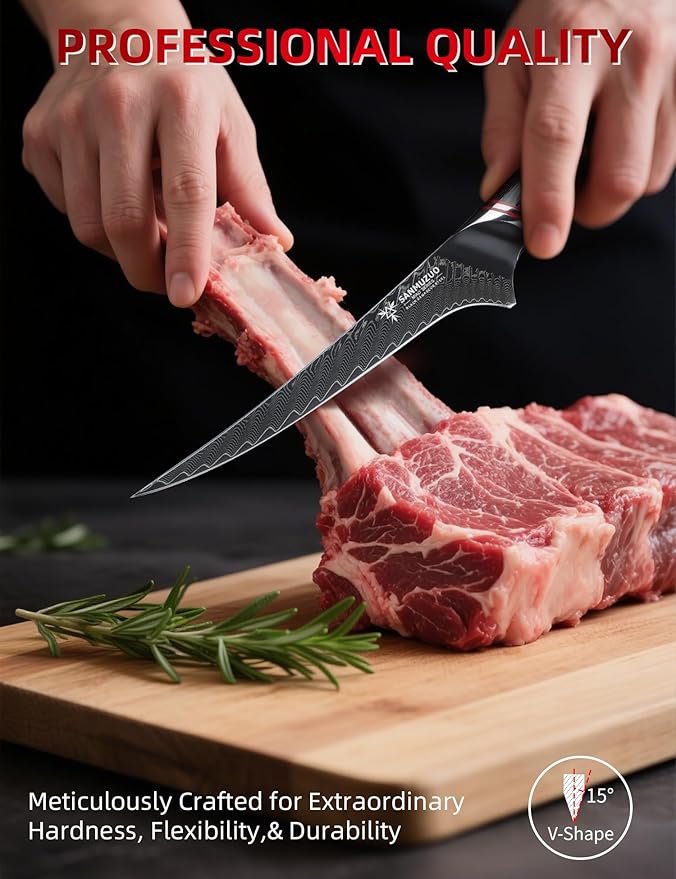 7 Inch Fillet Knife - Professional Kitchen Boning Knife - Black Damascus Steel with Ergonomic Handle - MIAO Series