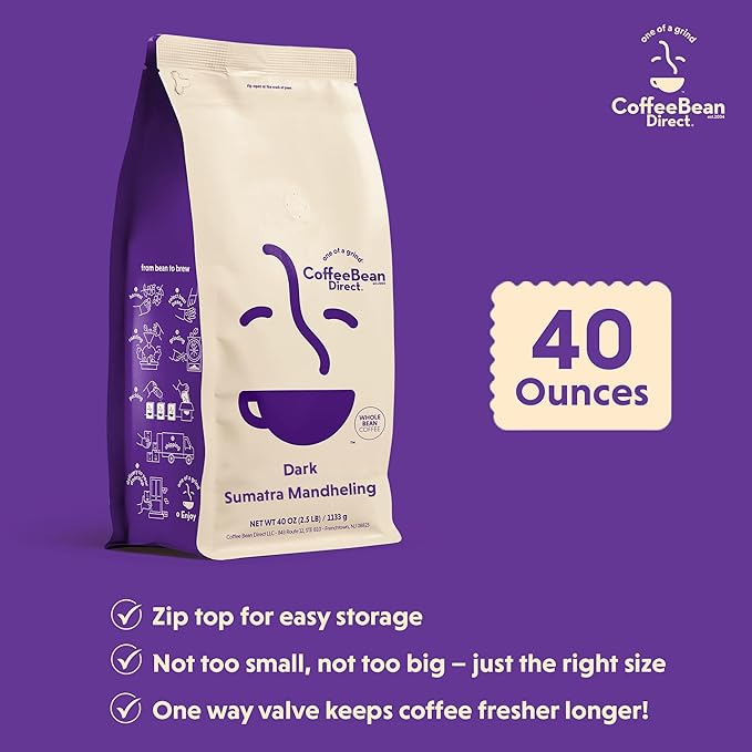 Coffee Bean Direct Dark Sumatra Mandheling, Whole Bean Coffee, Arabica Coffee, Dark Roast, 2.5 Pound Bag (Pack of 1)