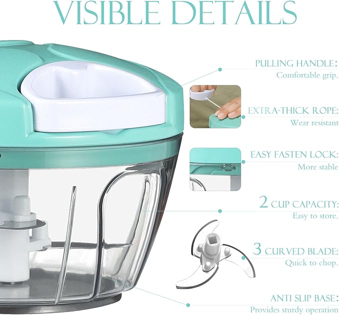 Ourokhome Manual Food Processor Vegetable Chopper, Portable Hand Pull String Garlic Mincer Onion Cutter for Veggies, Ginger, Fruits, Nuts, Herbs, etc., 500ml, Teal