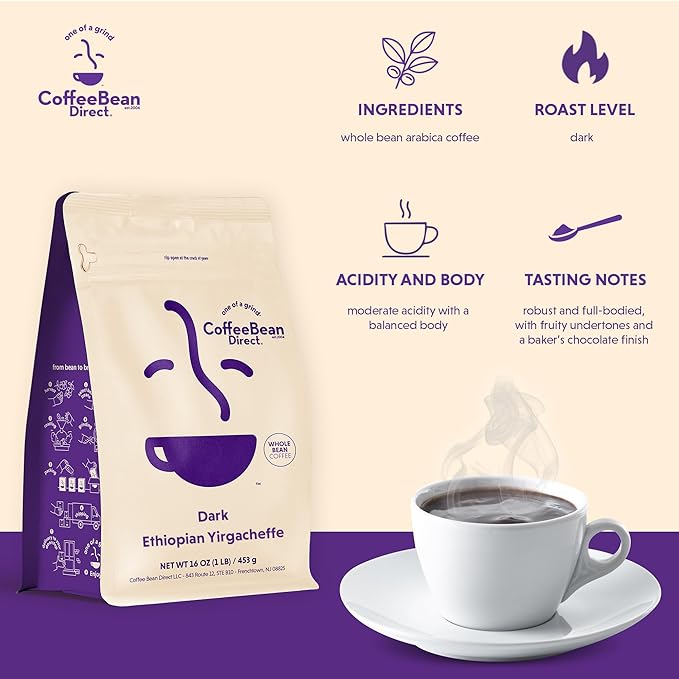 Coffee Bean Direct Dark Ethiopian Yirgacheffe, Whole Bean Coffee, Dark Roast, 1 Pound Bag (Pack of 1)