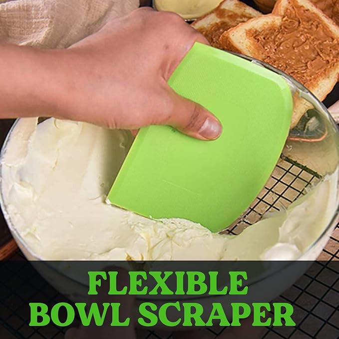 SURDOCA Dough Scraper Bench Scraper - 3P 4.7x3.7" Plastic Flexible Bowl Scraper, Sharp Edge & Angles Cake Scraper. Non-Slip Bakeware Decorating Tools Sculpting & Modeling Tools - Green+Pink+Green