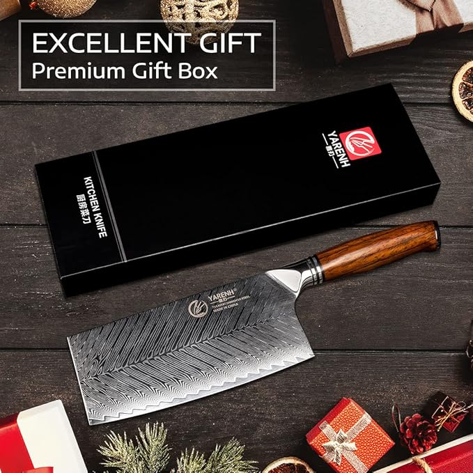 YARENH Professional Chef Knife, Cleaver Knife 7 Inch, 73 Layers Damascus Stainless Steel, Full Tang Natural Sandalwood Handle, with Gift Box