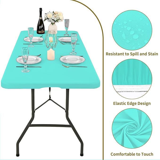 10 Pack Fitted Tablecloth for 8 Foot Rectangle Tables, Aqua Blue Elastic Outdoor Picnic Table Cover, Washable Stretch Folding Table Cloths 8 ft for Camping Party Patio Kitchen Banquet, 30" W x 96" L