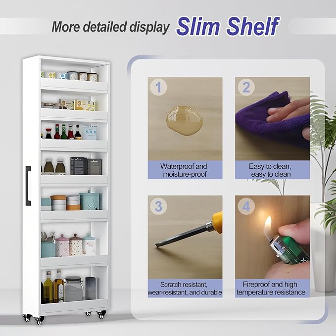 7-Tier Slim Storage Cart, Wooden Rolling Pantry Cabinet with Wheels, Narrow Shelf Organizer for Kitchen, Bakers Rack, Dining Room, Closet, Small Spaces Dark Walnut 73.2‘’H*5.9''W*19.6''D