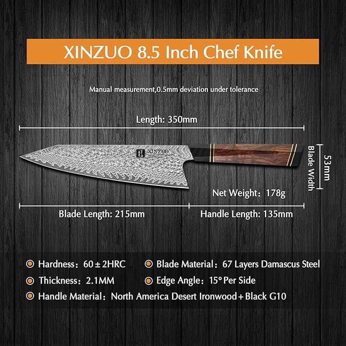XINZUO 8.5 Inch Japanese Kiritskue Chef Knife, Professional Chef Knife,Damascus Kitchen Knife for Chefs and Home Cooking, Desert Ironwood Handle, Walnut Magnetic Wooden Sheath, Acacia Wood Box Package
