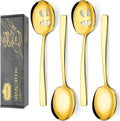 4 Piece Stainless Steel Serving Spoons Set - 2 Large, 2 Slotted, 9.2-Inch, Dishwasher Safe, for Parties/Kitchen/Buffet/Catering,Gold
