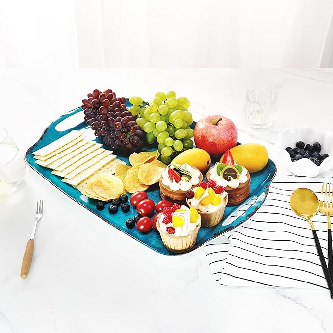 TP Serving Trays with Handles, 17 x 12 Inch Melamine Serving Platters for Food, Meat, Set of 2 Rectangular Trays for Eating, Retro Teal