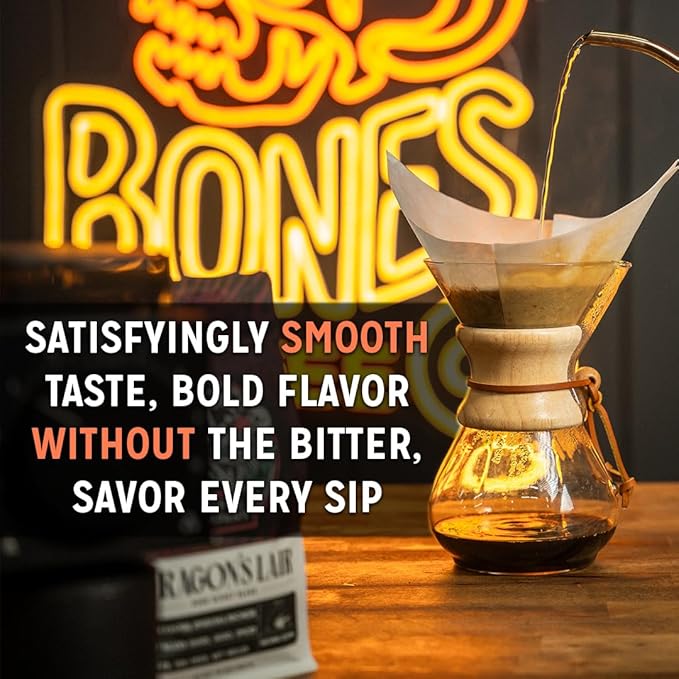 Bones Coffee Company Pear-Anormal, Caramel and Spiced Pear Flavored Coffee, Medium Roast Low Acid Arabica Beans Compatible with Auto drip and French Press Coffee Maker, 12 Oz Whole Bean