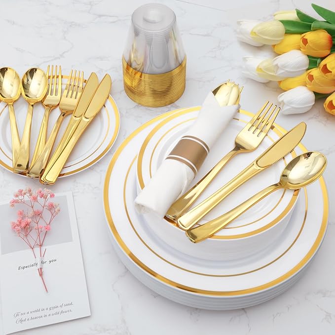 Goodluck 700 Piece Gold Plastic Dinnerware Set for 100 Guests, Disposable Plates for Party, Include: 100 Dinner Plates, 100 Dessert Plates, 100 Pre Rolled Napkins with Silverware, 100 Cups