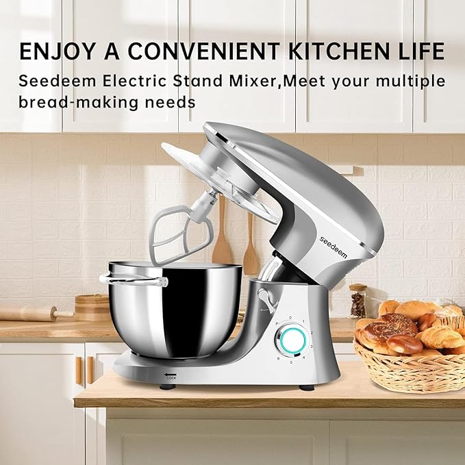 Seedeem 6.5QT Stand Mixer, 660W Tilt-Head Kitchen Electric Mixer with 6 Speeds, Dough Hook, Beater & Whisk, Dishwasher Safe Attachments, Silver