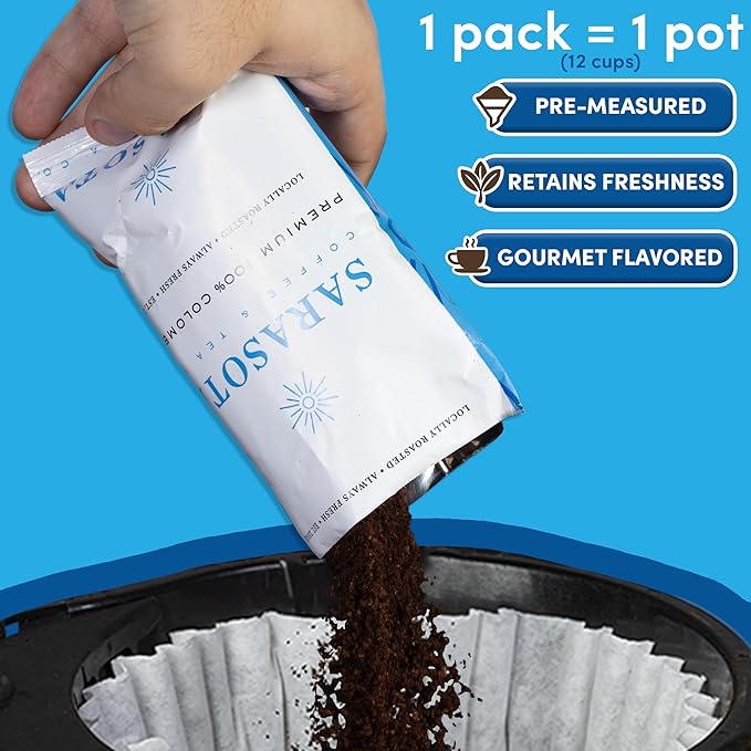 Sarasota Coffee Ground Packets | Colombian Medium Roast | Bulk Packs | Gourmet Columbian Low Acid Mold Free Singles Individual Pouches for 12 Cup Coffee Maker | 1.75 Ounce Bags, 100 Count