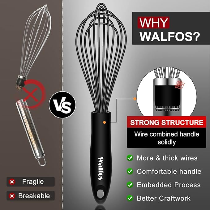Walfos Silicone Whisk,Stainless Steel Wire Whisk Set of 3 -Heat Resistant 480°F Kitchen Whisks for Non-stick Cookware,Balloon Egg Beater Perfect for Blending,Whisking,Beating,Frothing & Stirring,Black