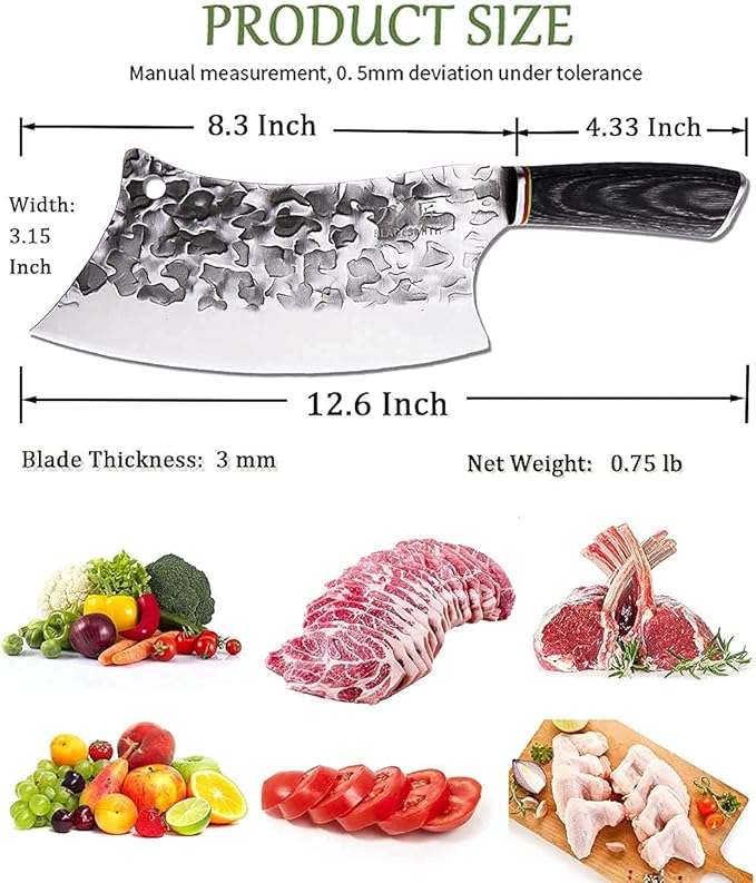 BLADESMITH Butcher Knife 8“, Forged Meat Cleaver Kitchen Knives, Curved High Carbon Steel Blade, PakaWood Handle, for Slicing and Cutting