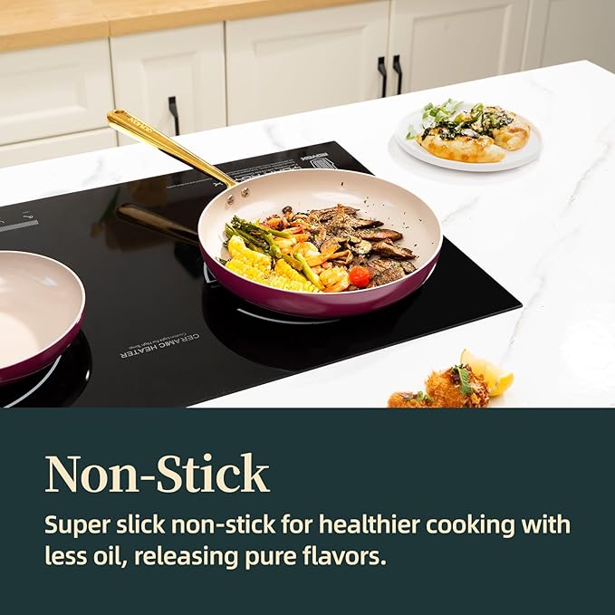 ROYDX Titanium Ceramic Nonstick Fry Pan Set 8", 10" and 12" Frying Pan Skillet Set with Glass Lids-Non Toxic, PTFE & PFOA Free - Oven Dishwasher Safe & Compatible with All Stovetops-Dark Purple