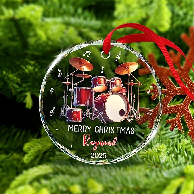 Personalized Drum Glass Ornament Gift for Band Drummer, Musical Instrument Ornament Christmas 2025, Custom Text & Name Drum Player Xmas Glass Keepsake, Instrument Lover Ornaments Christmas Tree Decor
