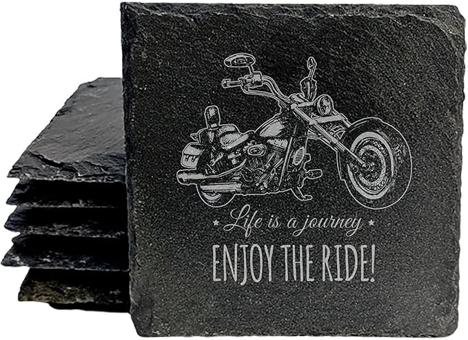 Coast in Style: Rustic Slate Coasters with Motorcycle Design - Square Slate - Set of 4