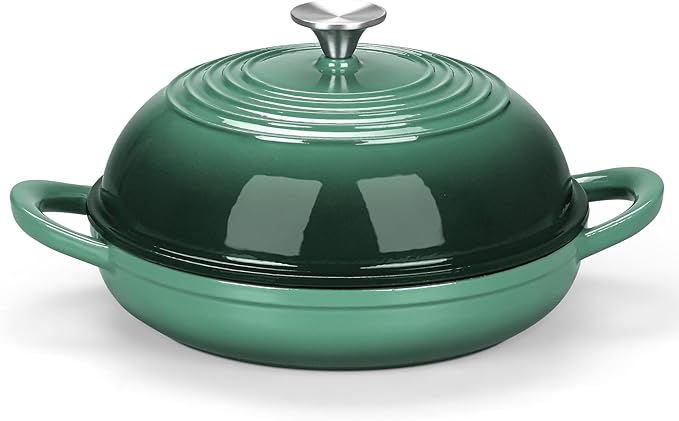 E-far Dutch Oven for Sourdough Bread Baking, 6 Qt Round Enameled Cast Iron Dutch Oven for Homemade Artisan Bread, Dome Lid & Shallow Base, Matte Black Interior & Durable, Oven-Safe to 500℉, Dark Green