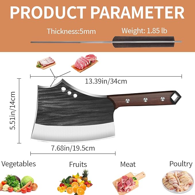 7.68" Meat Cleaver Knife for Meat Bone Cutting,Full Tang Japanese Chef Chopping Knife,Heavy Duty Butcher Axe Bone Breaker, Hand Forged Chopper for Kitchen,Gifts for Men