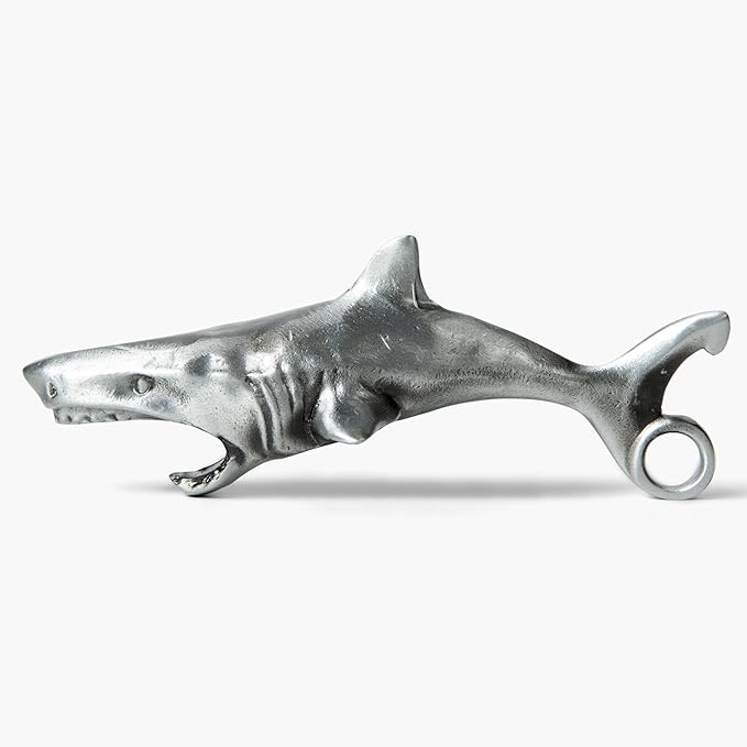 Great White Shark Bottle Opener - Heavy Duty Beer & Soda Cap Opener - Unique Ocean Theme Bar Tool - Fun Beach House Kitchen Gadget Gift (Antique Silver)