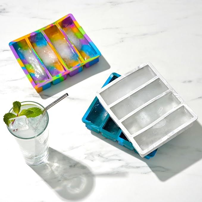 Host Ice Cube Tray, Makes Four 5-Inch Long Cubes, Durable Silicone Trays with Easy Release Design, Perfect for Water Bottles and Highball Glasses, Home Bar Accessories, Set of 1, Blue Marble