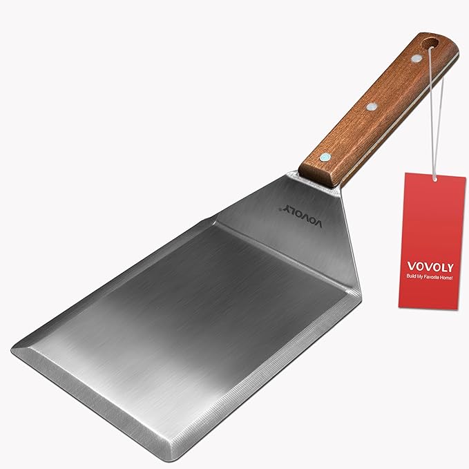 Extra Wide Spatula, Large Metal Spatula with Full Tang Wooden Handle & Beveled Edges for Skillets, Griddles & Grills, Pancake Flipper Turner, Smash Burgers Turner, 6 x 5-inches