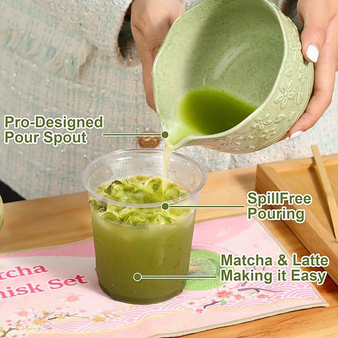 6pcs Matcha Whisk Set Includes Resin Matcha Whisk,Ceramic Matcha Bowl Set and Sifter,Matcha Whisks Holder,Natural Bamboo Spoon and Tea Towel for Matcha Starter Kit Lovers (Mottled Green)