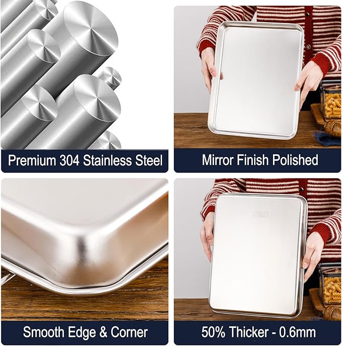 Small Cookie Baking Sheet Pans Stainless Steel 304 Little Tiny Serving Tray 10.4 x8.1 x1.1Inch (Diagonal 12.3) Reheat Food Small Items No Rust Dishwasher Safe for 2 Person 6 Pack