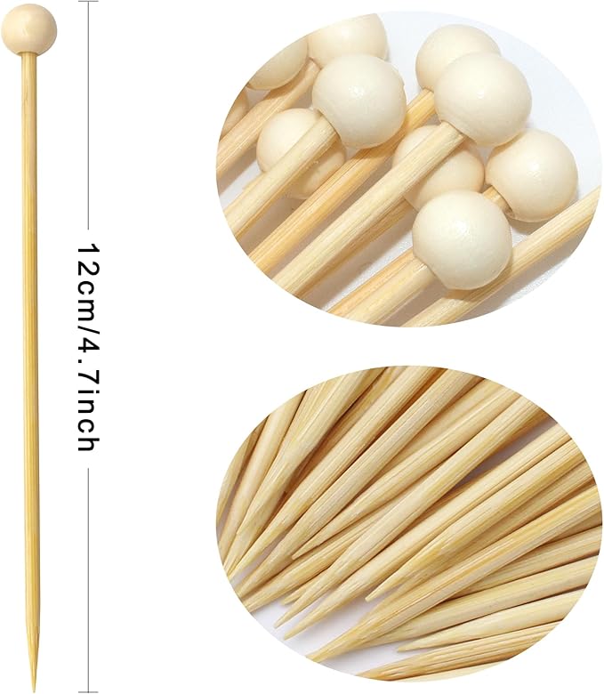 BLUE TOP 4.7 in 200PCS Wooden Ball Food Cocktail Picks Food Skewers Bamboo Picks for Charcuterie, Appetizers, & Cocktail Picks For Parties