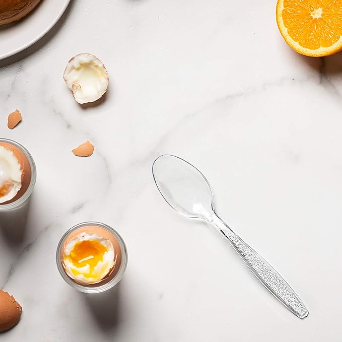 Comfy Package [300 Pack] Heavyweight Clear Plastic Tea Spoons with Engraved Design - Disposable Sturdy Plastic Utensils for Parties, Weddings, and Events