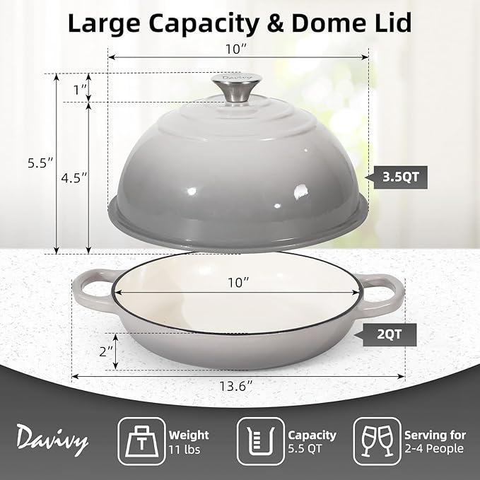 Davivy 5.5QT Cast Iron Dutch Oven with Silicone Baking Mat, 10" Round Bread Dutch Oven, Sourdough Bread Baking Pan, Enameled Cast Iron Bread Oven - Light Grey