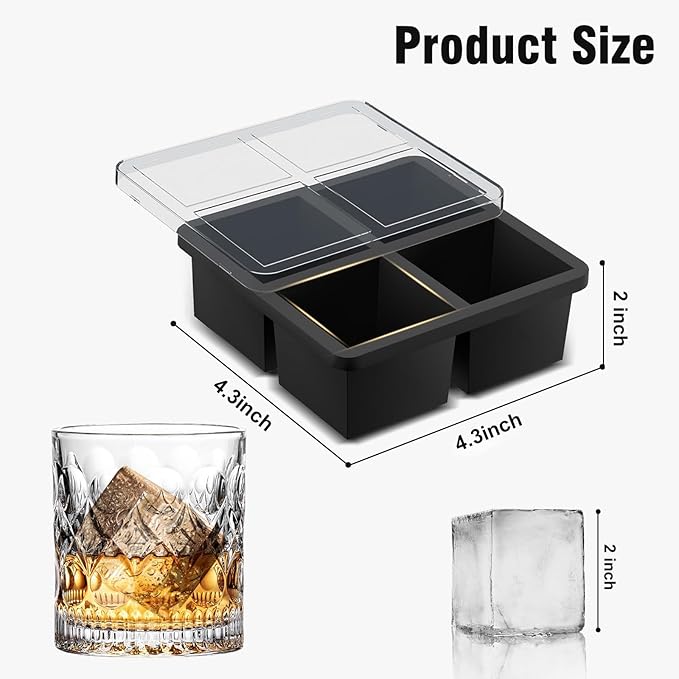 Samuelworld Large Ice Cube Tray: 2025 Upgraded 4 Grid Silicone Square Ice Cube Mold For Small Refrigerator, 2 Inch Large Cubed Ice Trays for Cocktail, Big Cube Ice Maker Mold (2 Pack, Black)