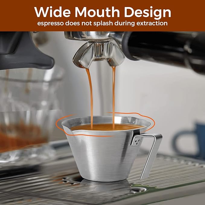 2 Pcs Espresso Cups with Handle, Double Spout Metal Measuring Cup with Dual Scale, Stainless Steel Espresso Shot Cup with V-Shaped Mouth, 3.4oz/100ml(White)