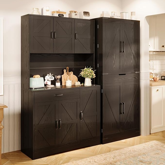 71" Kitchen Pantry Cabinet with Charging Station, Buffet Sideboard for Coffee Maker & Toaster, Storage Cabinet for Snacks, Spices & Wine, Fits Kitchen, Dining Room & Coffee Bar，Black wood grain