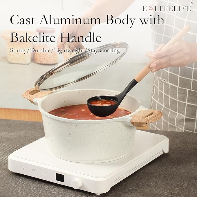 ESLITE LIFE Nonstick Stock Pot with Lid, 7 Quart Granite Casserole Large Soup Pot Pasta Cooking Pot, Induction Compatible, PTFE & PFOA Free, White