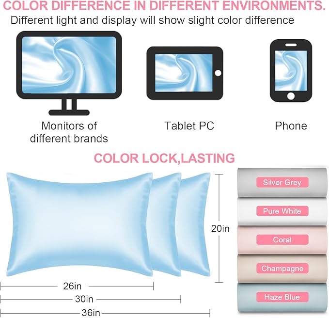 Mulberry Silk Pillow Cases Standard Size with Hidden Zipper, Ultra Smooth and Soft Breathable Cooling Silk Satin Pillowcase for Hair and Skin, Gifts for Women Men (Sky Blue, 20x26 Inches, 1 Pack)