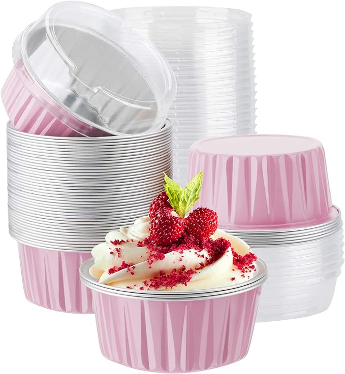 EUSOAR Foil Baking Cups, 50pcs 5oz 125ml Muffin Liners Cups with Lids, Disposable Aluminum Cupcake Ramekins Pans Baking Cup Holders Liners for Wedding Birthday Party