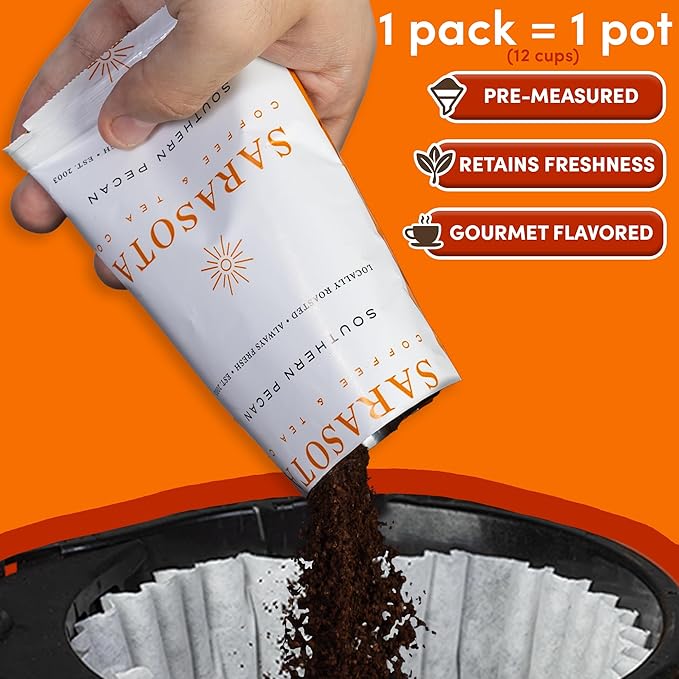 Sarasota Coffee Ground Packets | Gourmet Flavored Medium Roast Bulk Coffee Packs | Southern Texas Butter Pecan | Low Acid Mold Free Individual Pouches for 12 Cups Maker | 2 Ounce Bags, 36 Count