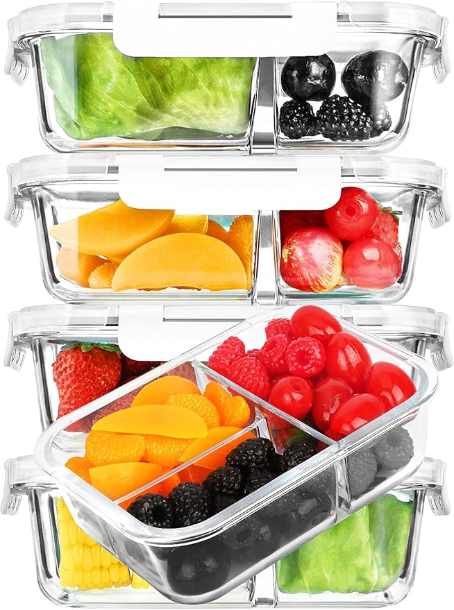 M MCIRCO [5-Pack,36 oz] Glass Meal Prep Containers 3 Compartment with Lids, Glass Lunch Containers,Food Prep Lunch Box,Bento Box, Microwave, Oven, Freezer, Dishwasher (4.5 Cups, White)