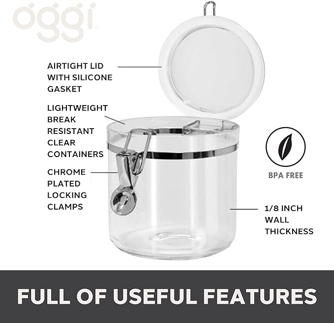 Oggi 4pc Clear Canister Set with Clamp Lids Airtight Containers in Sizes Ideal for Kitchen & Pantry Storage of Bulk, Dry Foods Including Flour, Sugar, Coffee, Rice, Tea, Spices & Herbs